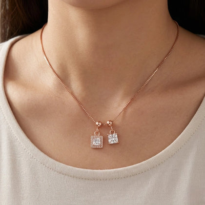 Rose Gold Double Square White Stone Pendant Chain for Women
