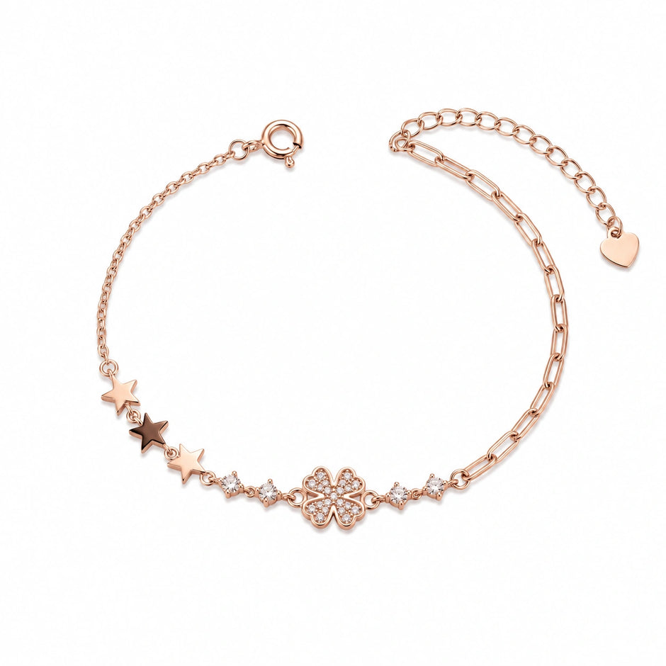 Rose gold 925 sterling silver floral star bracelet for women