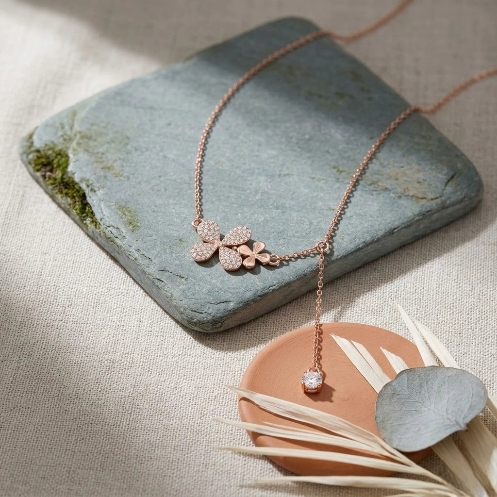 Rose Gold Flower & Square Charm 925 Sterling Silver Pendant Chain for Women