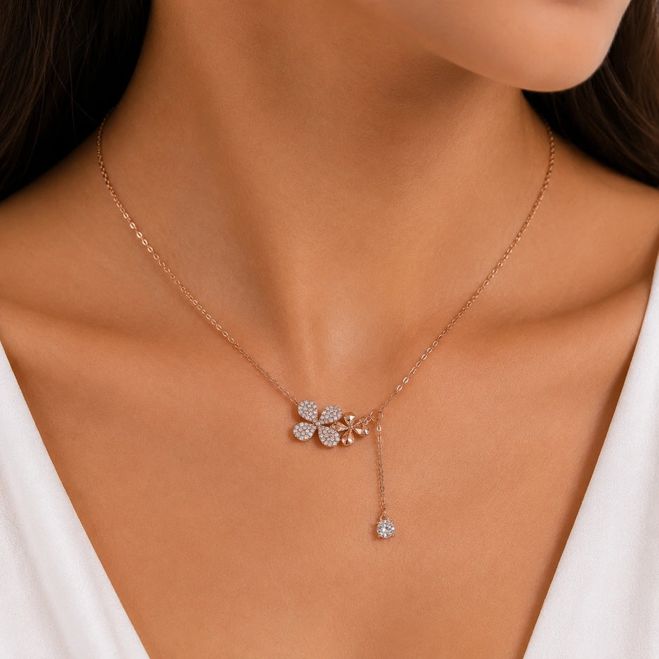 Rose Gold Flower & Square Charm 925 Sterling Silver Pendant Chain for Women
