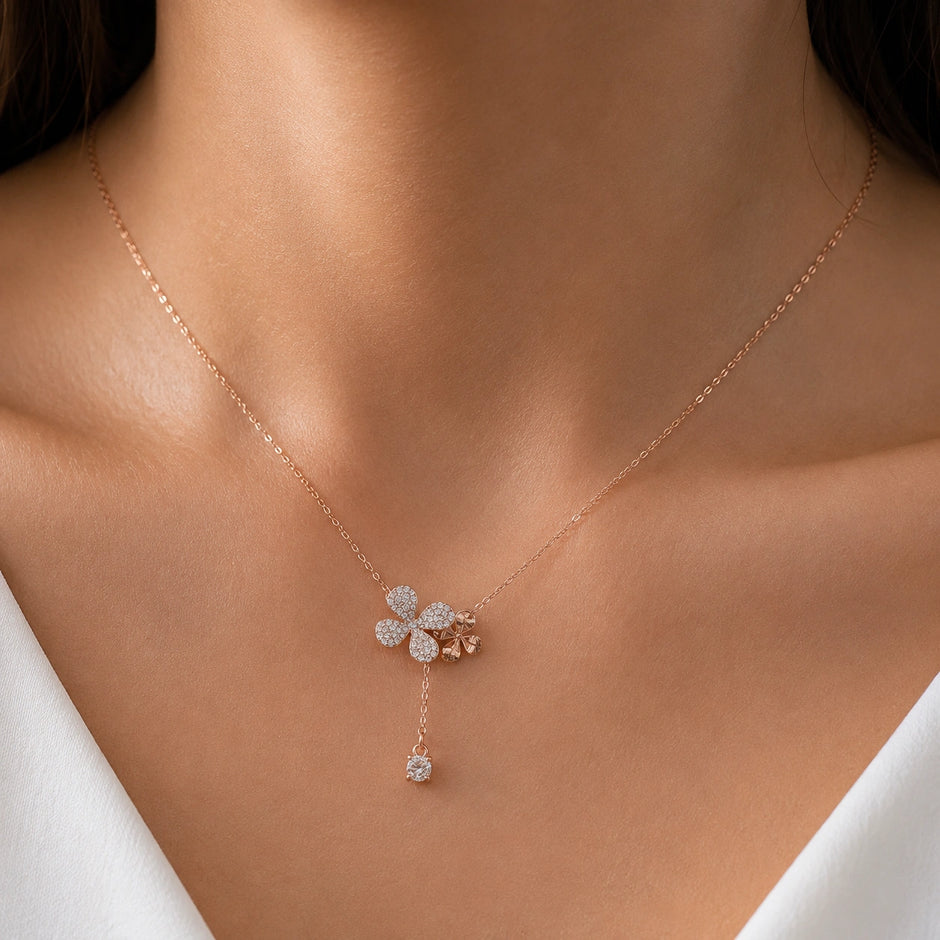 Rose Gold Flower & Square Charm 925 Sterling Silver Pendant Chain for Women