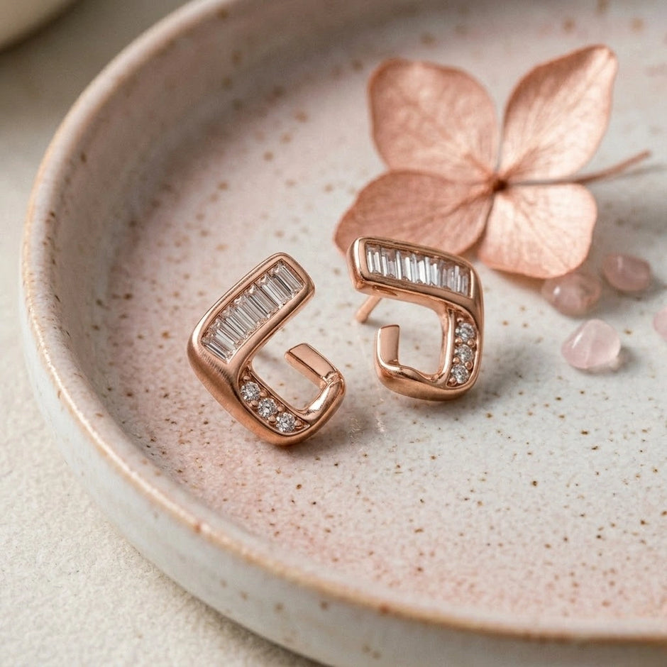 Rose Gold Open Square Diamond 925 Sterling Silver Stud Earrings for Women