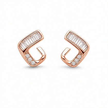 925 Sterling Silver Rose Gold Geometric Open Stud Earrings with Baguette and Round Cubic Zirconia