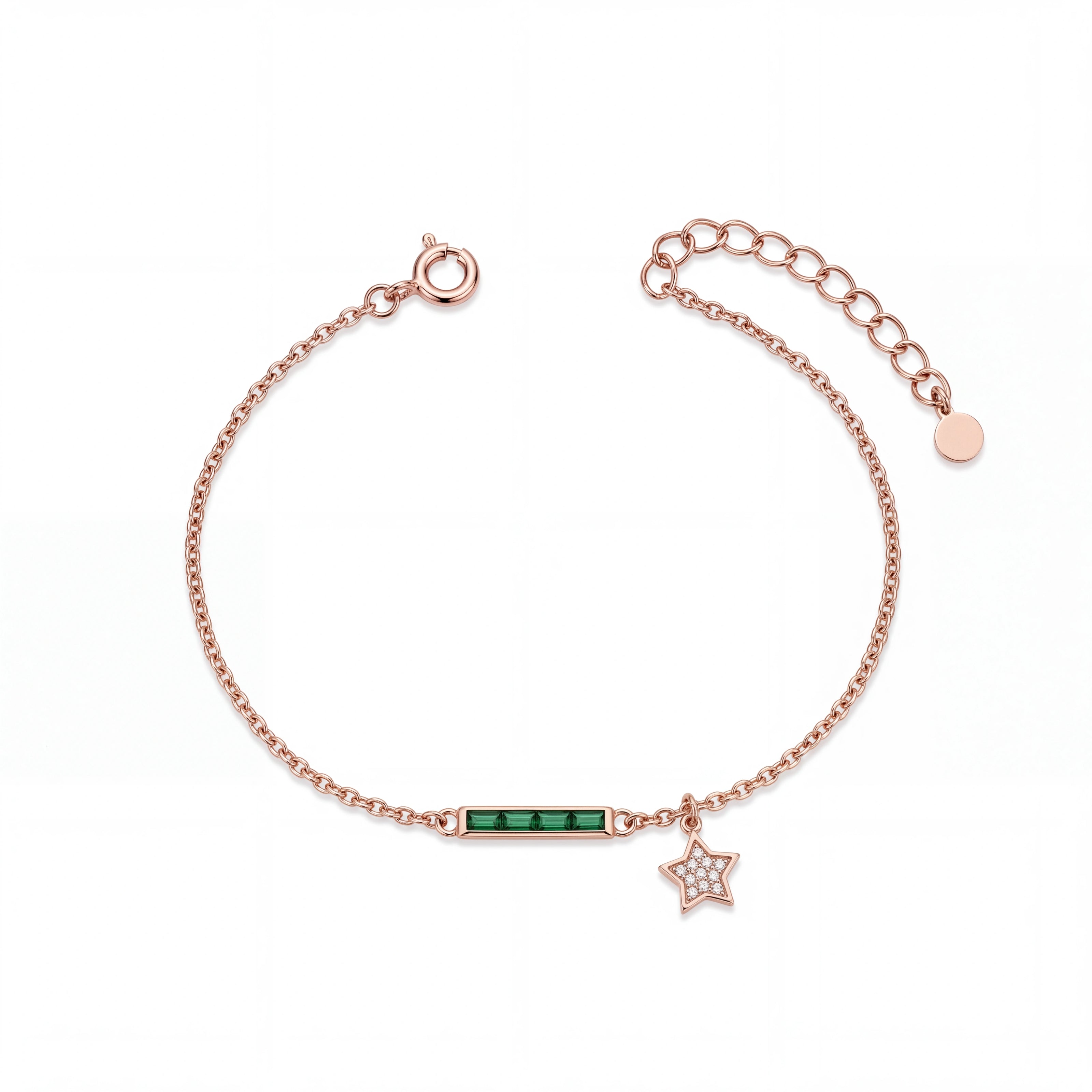 Rose gold 925 sterling silver green bar star bracelet for women