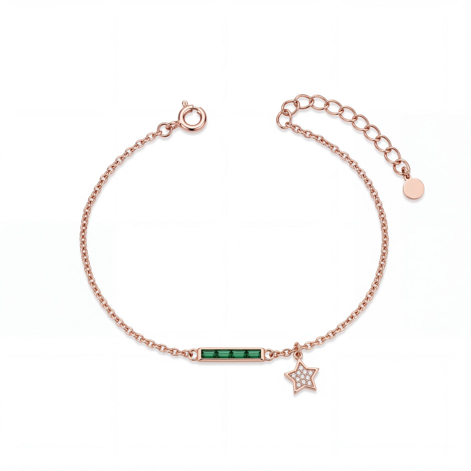 Rose gold 925 sterling silver green bar star bracelet for women