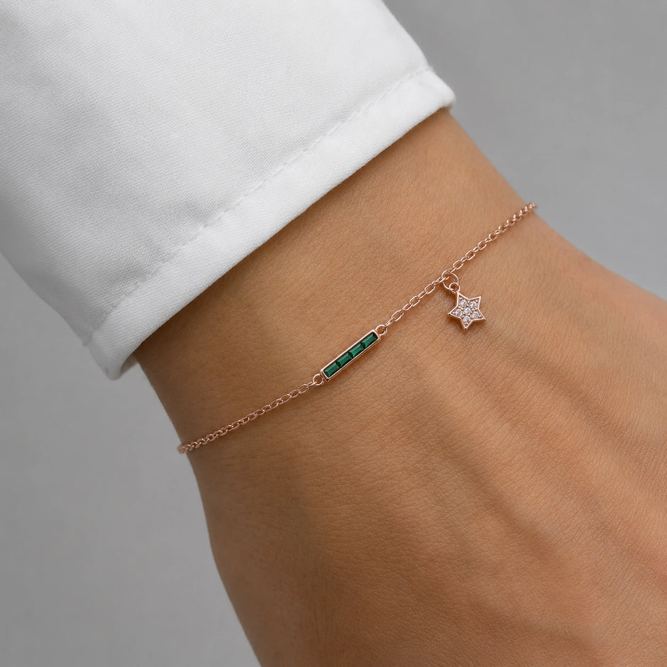 Rose gold 925 sterling silver green bar star bracelet for women