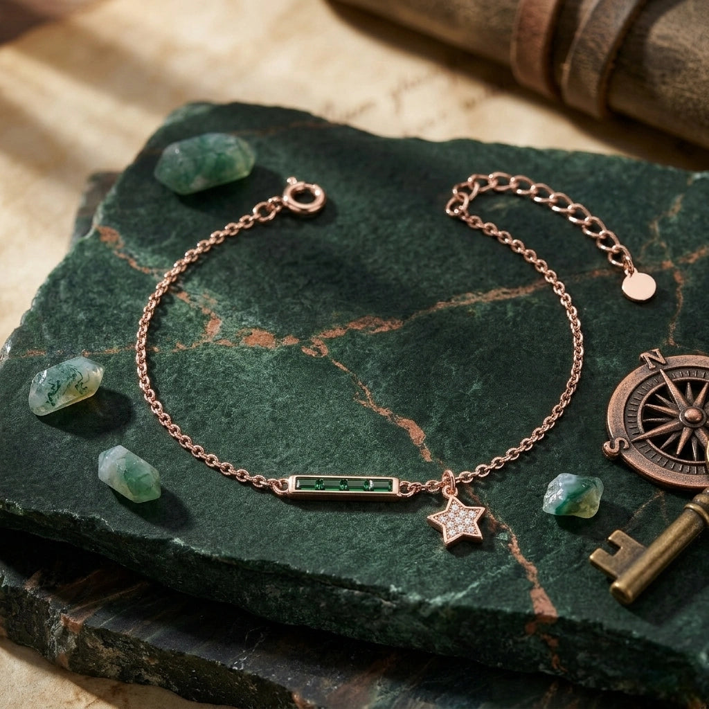 Rose gold 925 sterling silver green bar star bracelet for women