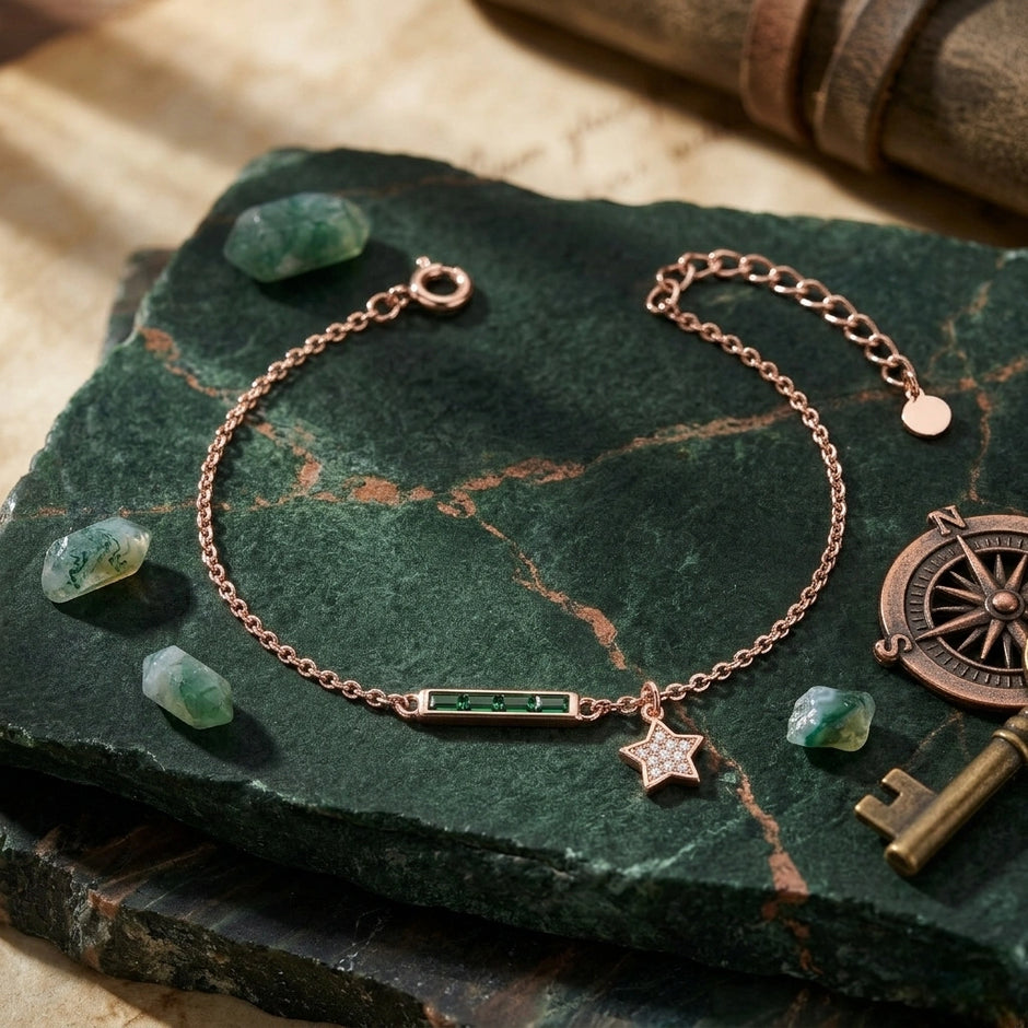 Rose gold 925 sterling silver green bar star bracelet for women