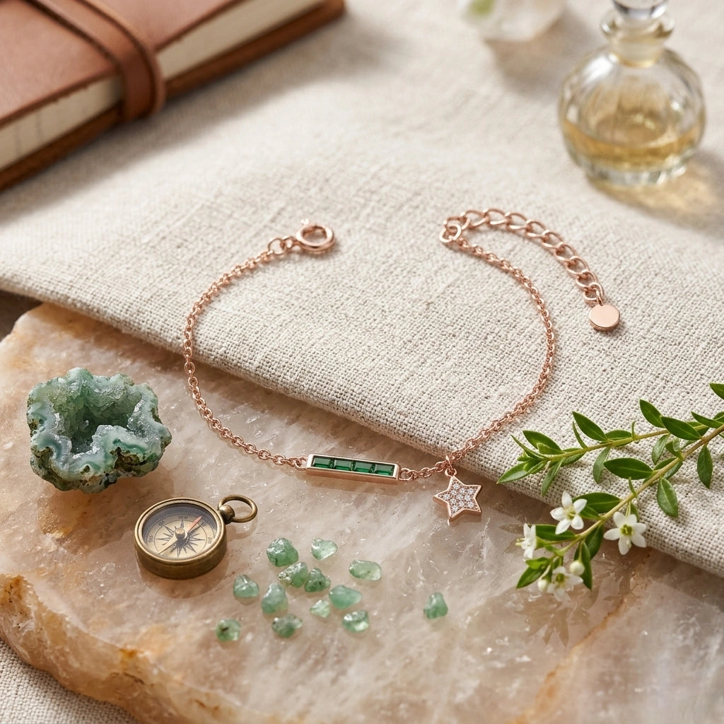 Rose gold 925 sterling silver green bar star bracelet for women