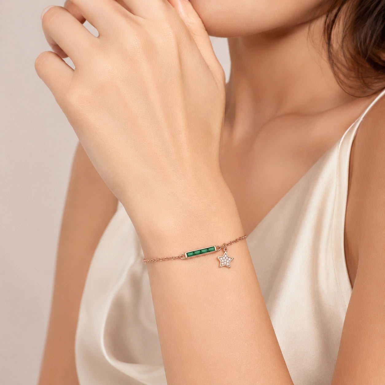 Rose gold 925 sterling silver green bar star bracelet for women