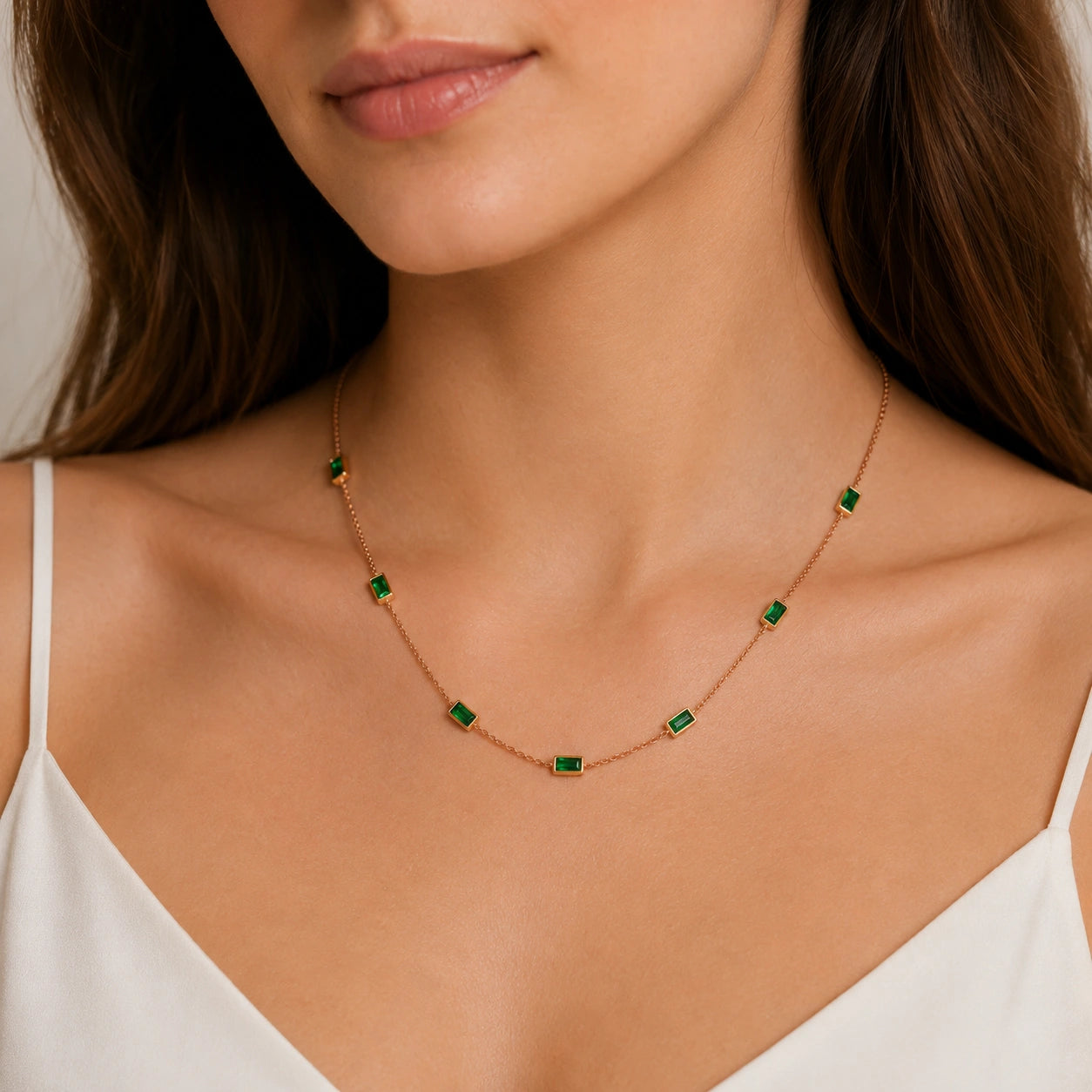Rose Gold Green Rectangle Charm 925 Sterling Silver Chain for Women