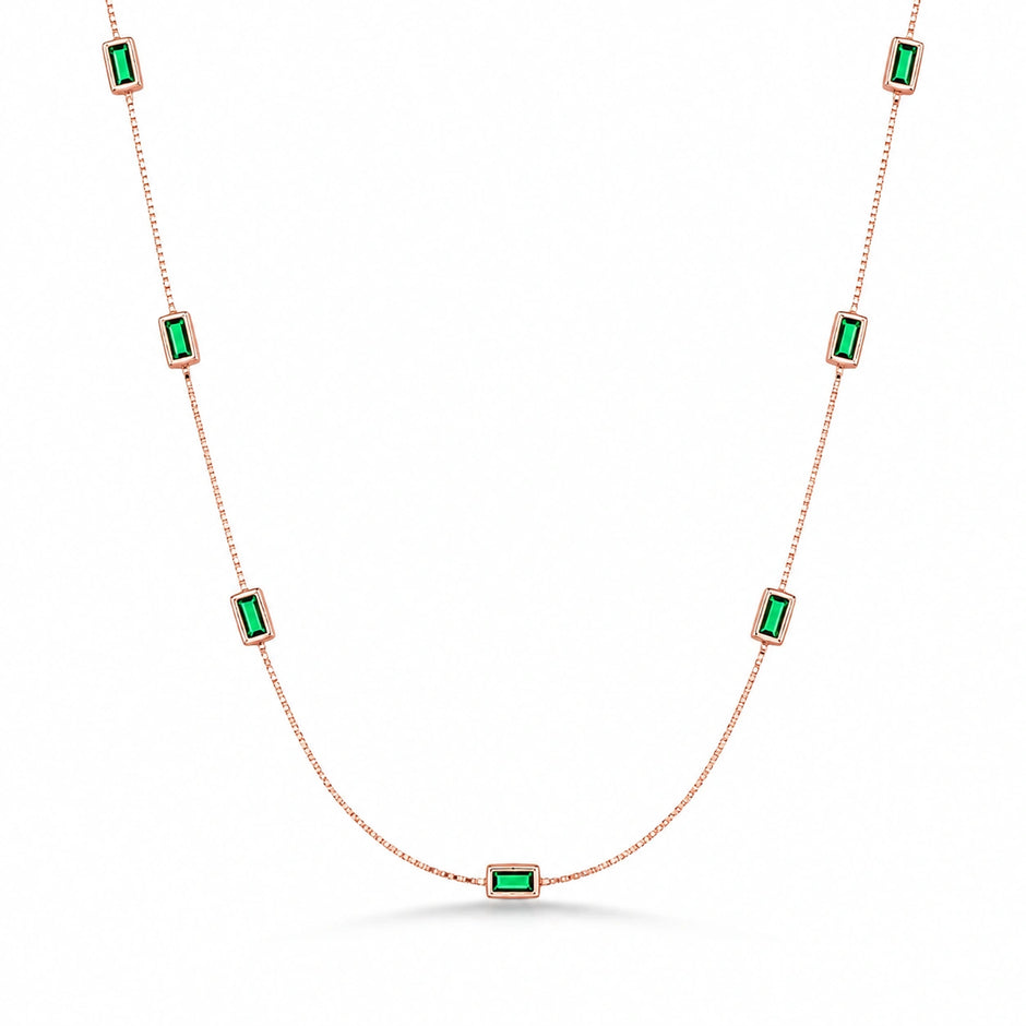 Rose Gold Green Rectangle Charm 925 Sterling Silver Chain for Women