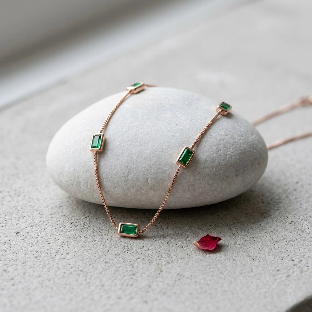 Rose Gold Green Rectangle Charm 925 Sterling Silver Chain for Women