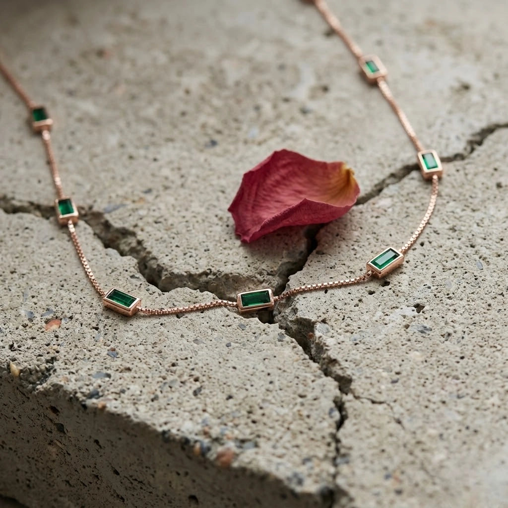 Rose Gold Green Rectangle Charm 925 Sterling Silver Chain for Women