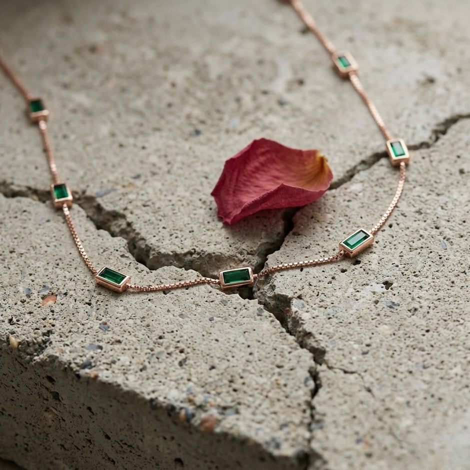 Rose Gold Green Rectangle Charm 925 Sterling Silver Chain for Women