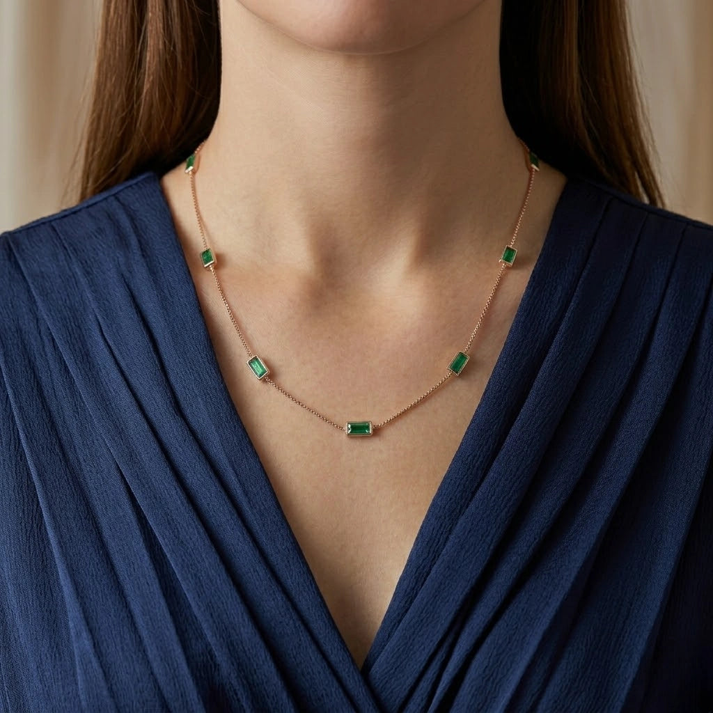 Rose Gold Green Rectangle Charm 925 Sterling Silver Chain for Women