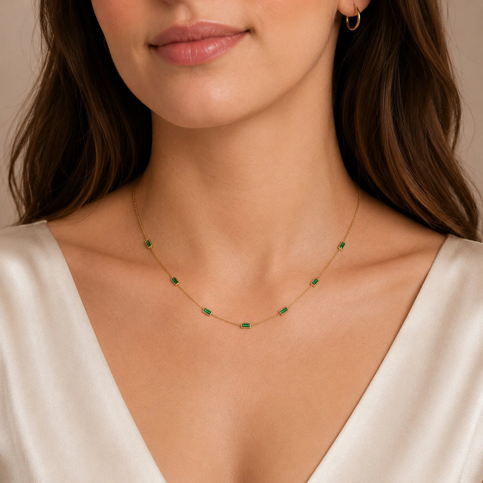 Rose Gold Green Rectangle Charm 925 Sterling Silver Chain for Women