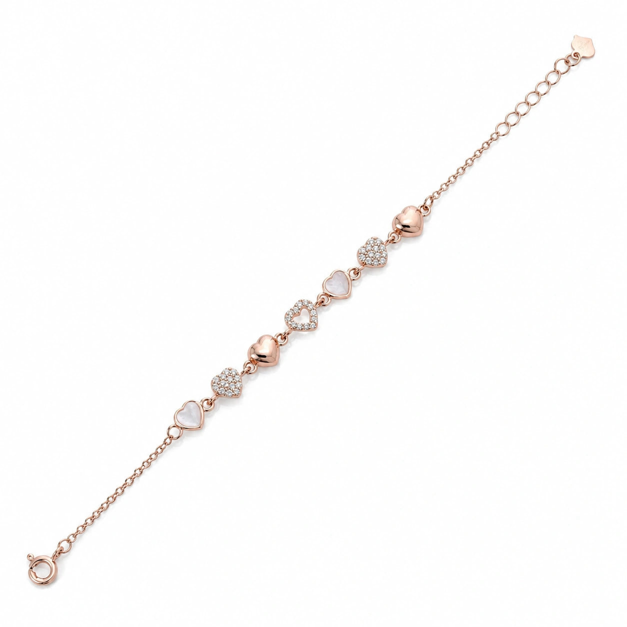 Rose gold 925 sterling silver heart charm bracelet for women