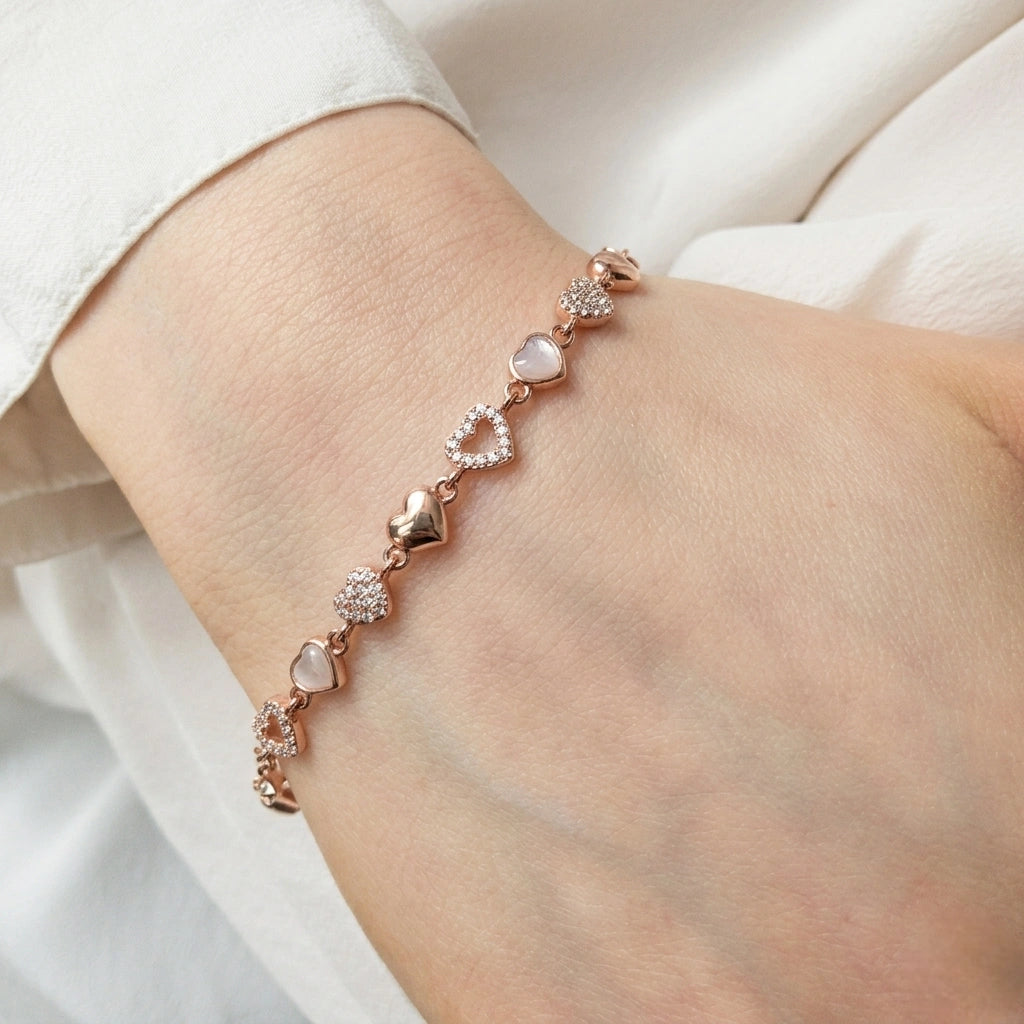 Rose gold 925 sterling silver heart charm bracelet for women