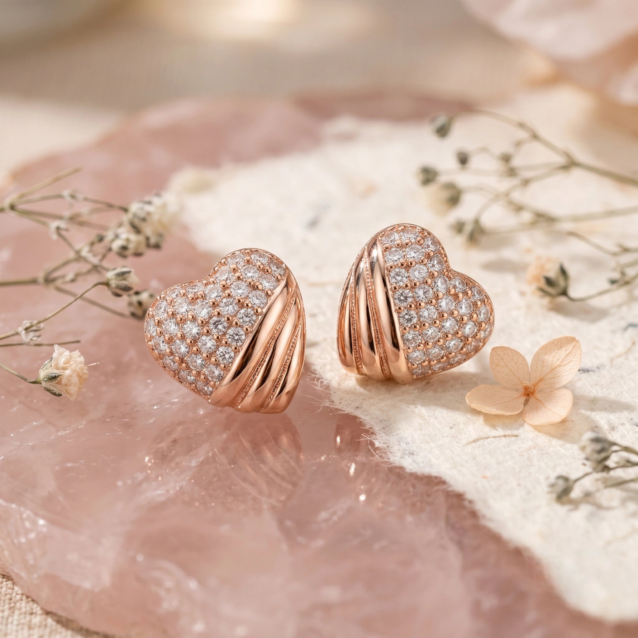 Rose Gold Heart Diamond 925 Sterling Silver Stud Earrings for Women
