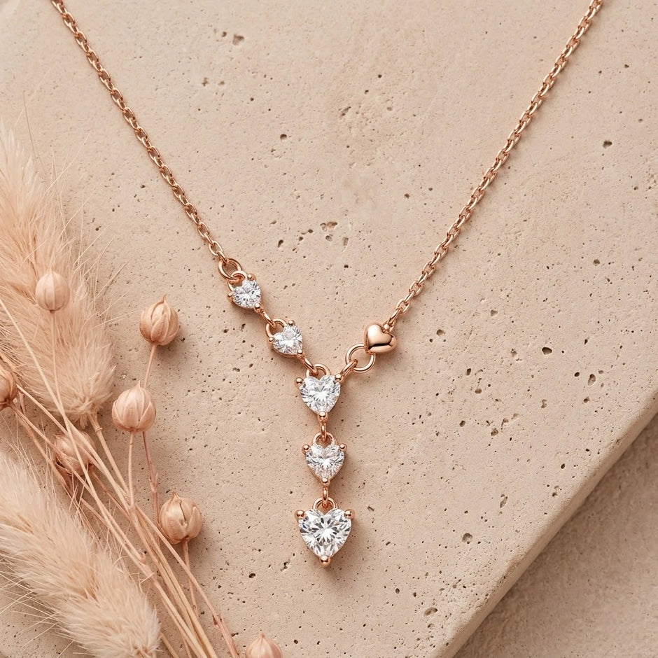 Rose Gold Heart Drop White Stone 925 Sterling Silver Pendant Chain for Women