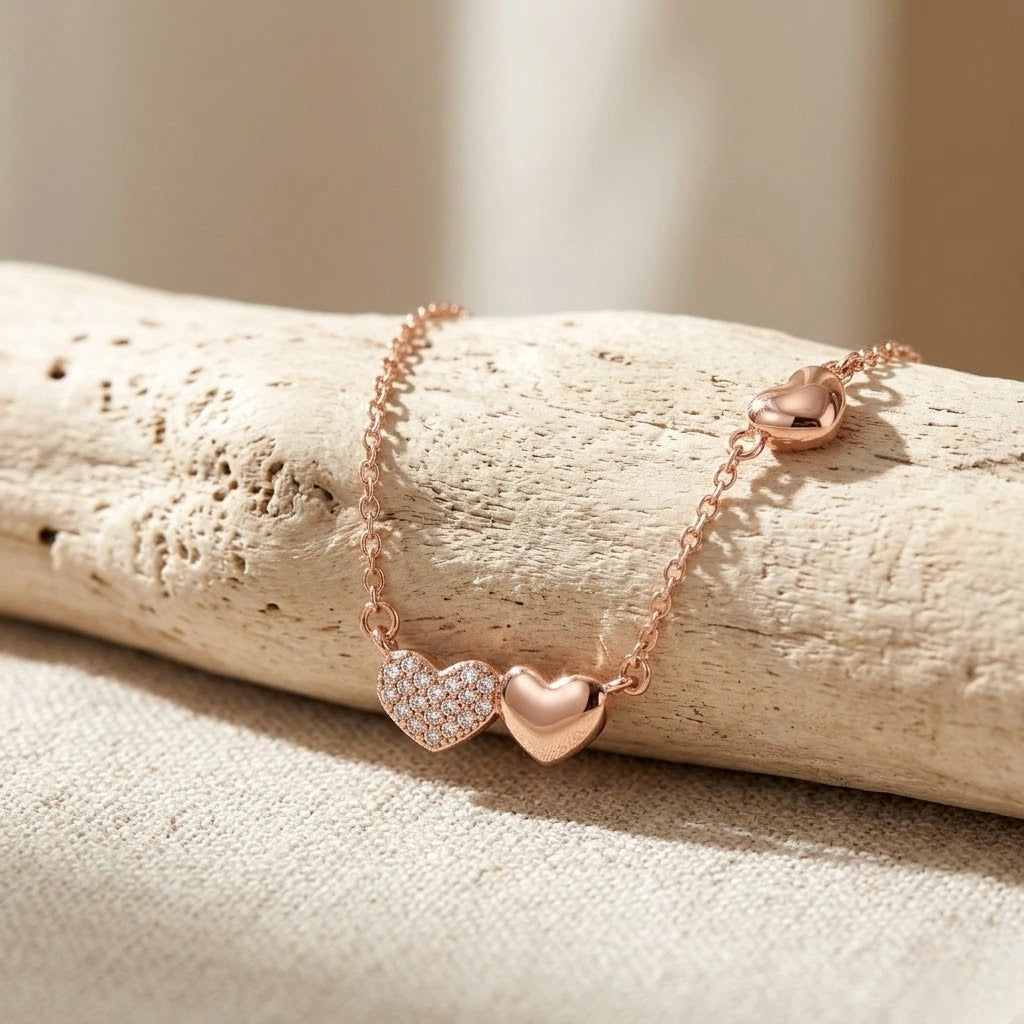 Rose Gold Heart Drop White Stone 925 Sterling Silver Pendant Chain for Women