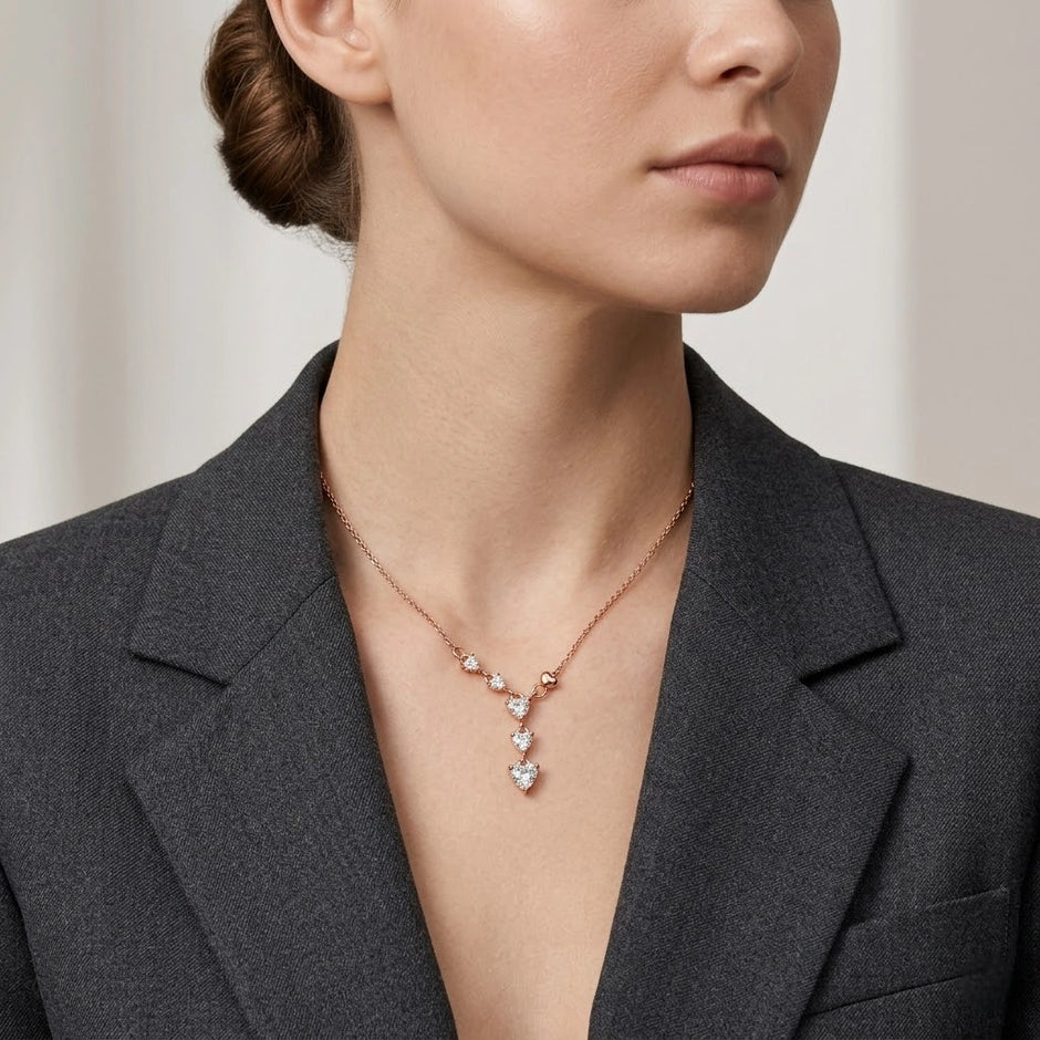 Rose Gold Heart Drop White Stone 925 Sterling Silver Pendant Chain for Women