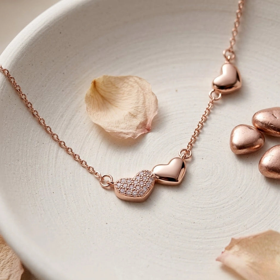 Rose Gold Heart Drop White Stone 925 Sterling Silver Pendant Chain for Women