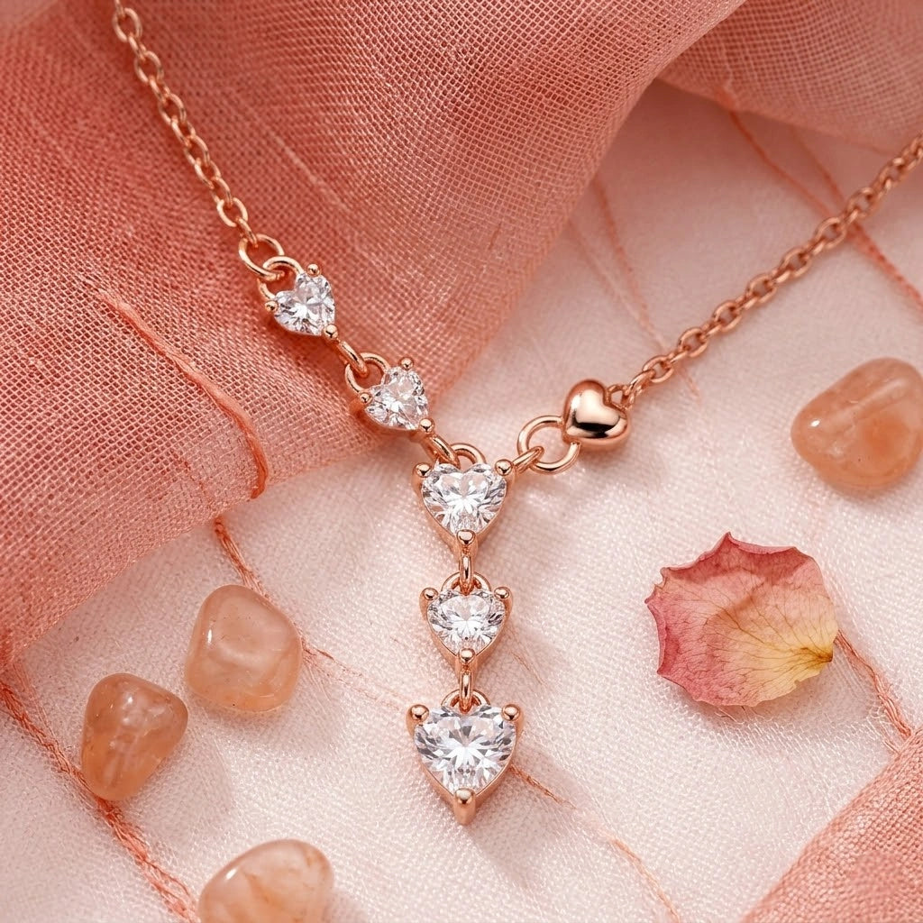 Rose Gold Heart Drop White Stone 925 Sterling Silver Pendant Chain for Women