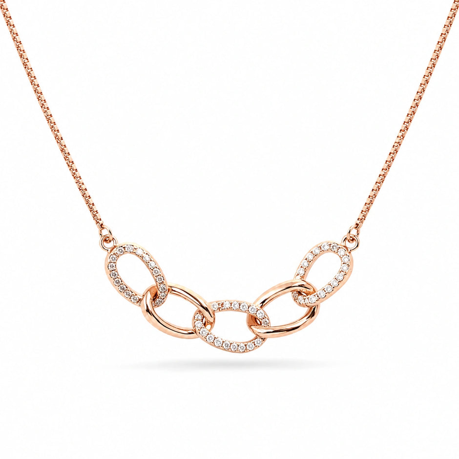 Rose Gold Interlinked Oval White Stone 925 Sterling Silver Pendant Chain for Women