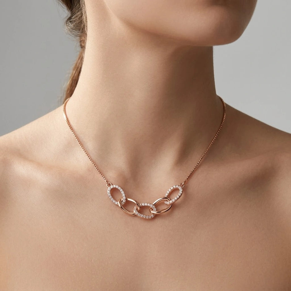 Rose Gold Interlinked Oval White Stone 925 Sterling Silver Pendant Chain for Women