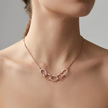 Rose Gold Interlinked Oval White Stone 925 Sterling Silver Pendant Chain for Women