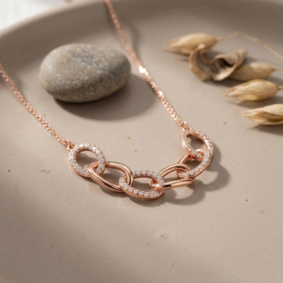 Rose Gold Interlinked Oval White Stone 925 Sterling Silver Pendant Chain for Women