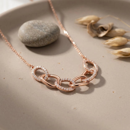 Rose Gold Interlinked Oval White Stone 925 Sterling Silver Pendant Chain for Women