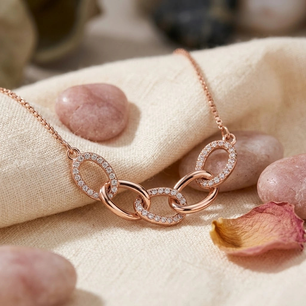Rose Gold Interlinked Oval White Stone 925 Sterling Silver Pendant Chain for Women
