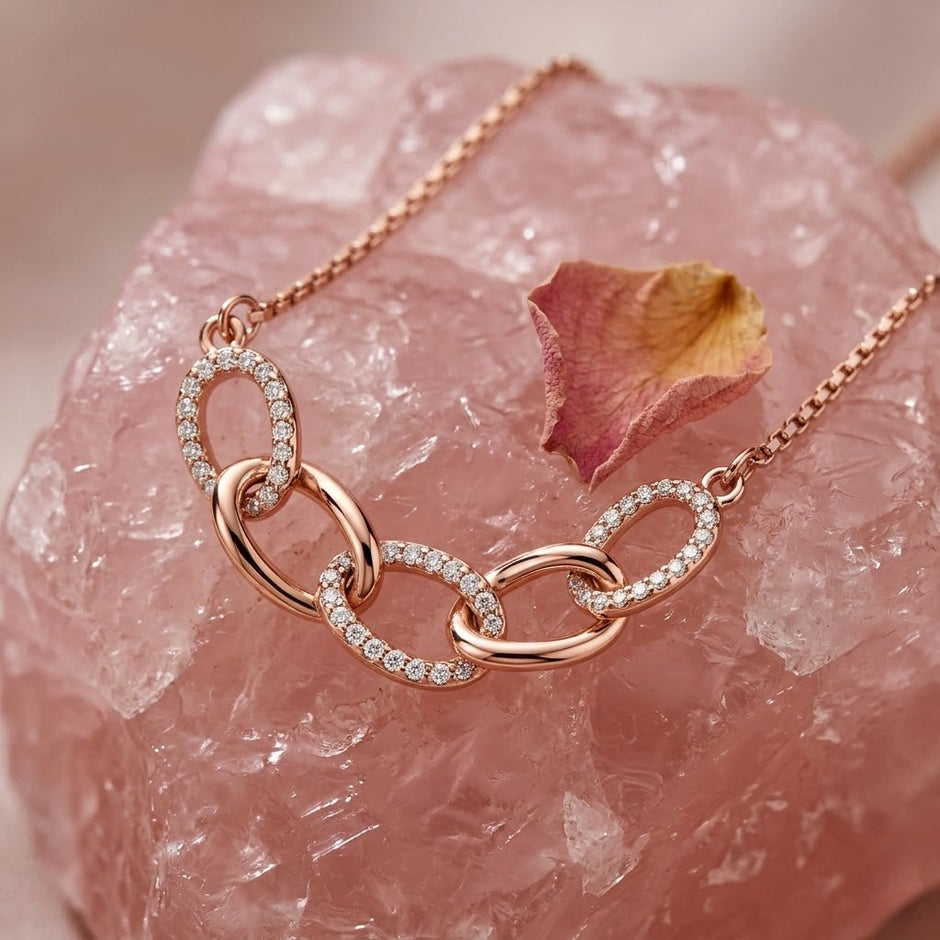 Rose Gold Interlinked Oval White Stone 925 Sterling Silver Pendant Chain for Women