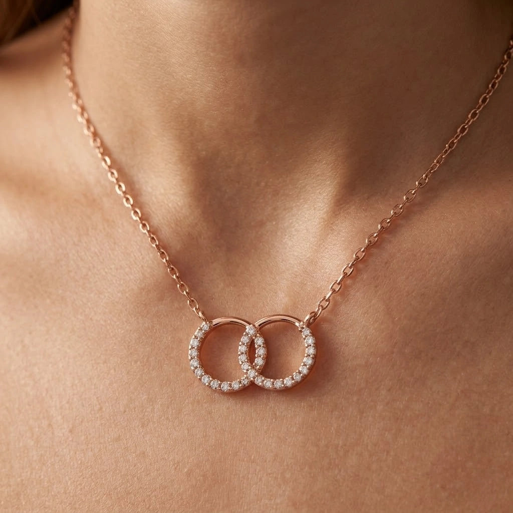 Rose Gold Interlocking Circle CZ 925 Sterling Silver Pendant Chain for Women