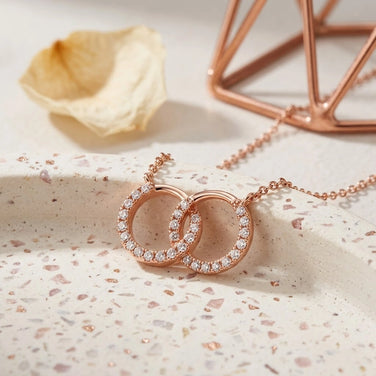 Rose Gold Interlocking Circle CZ 925 Sterling Silver Pendant Chain for Women