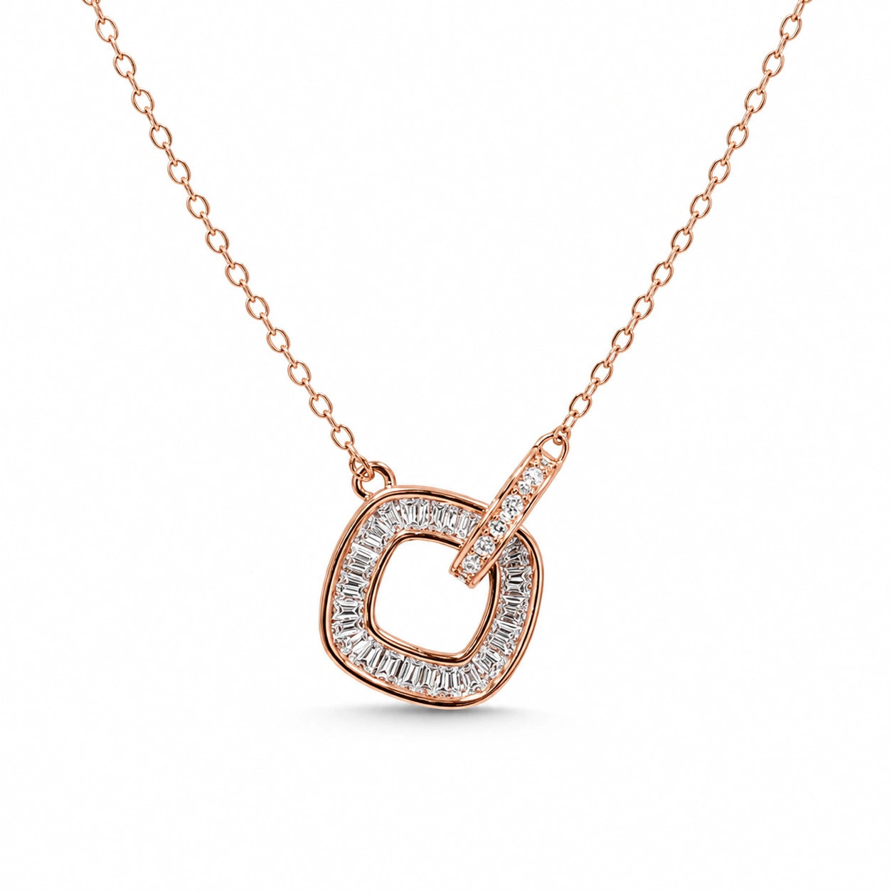 Rose Gold Interlocking Square & Heart CZ 925 Sterling Silver Pendant Chain for Women