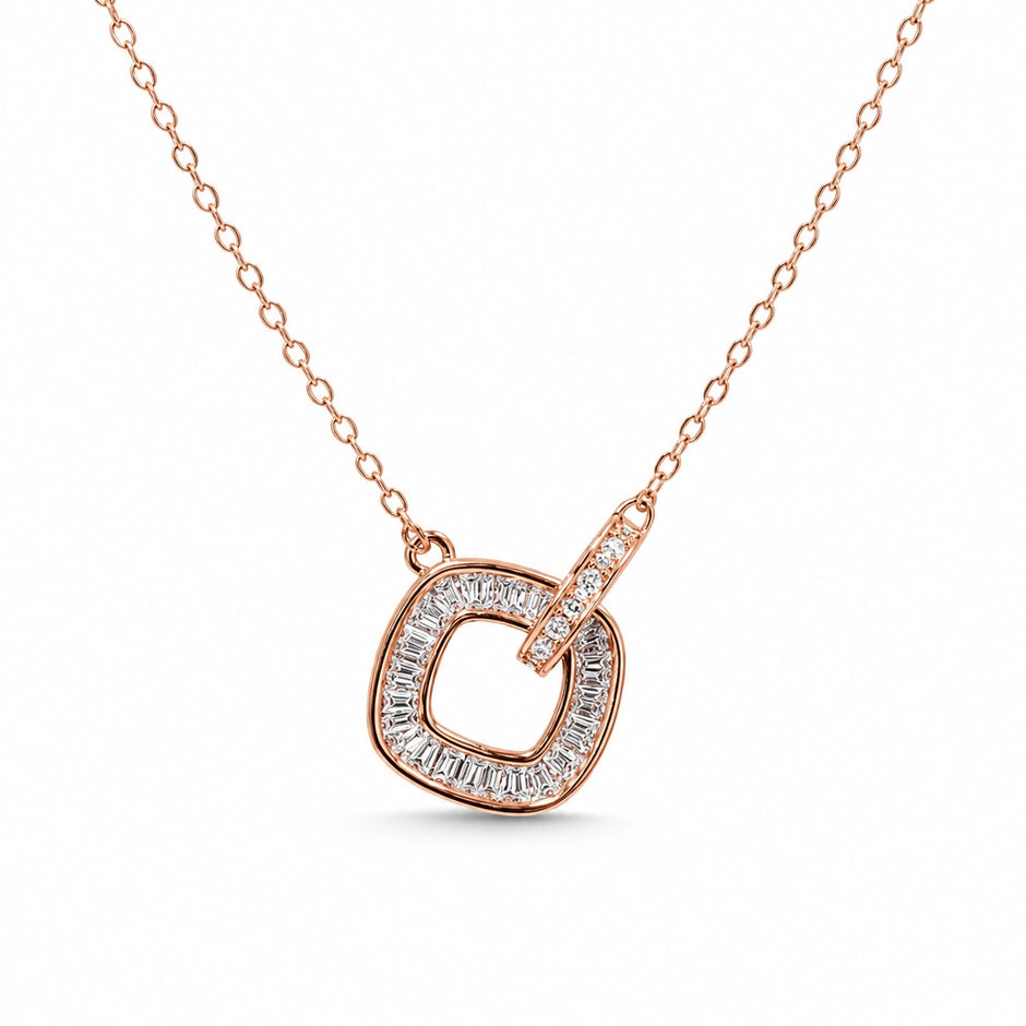 Rose Gold Interlocking Square & Heart CZ 925 Sterling Silver Pendant Chain for Women