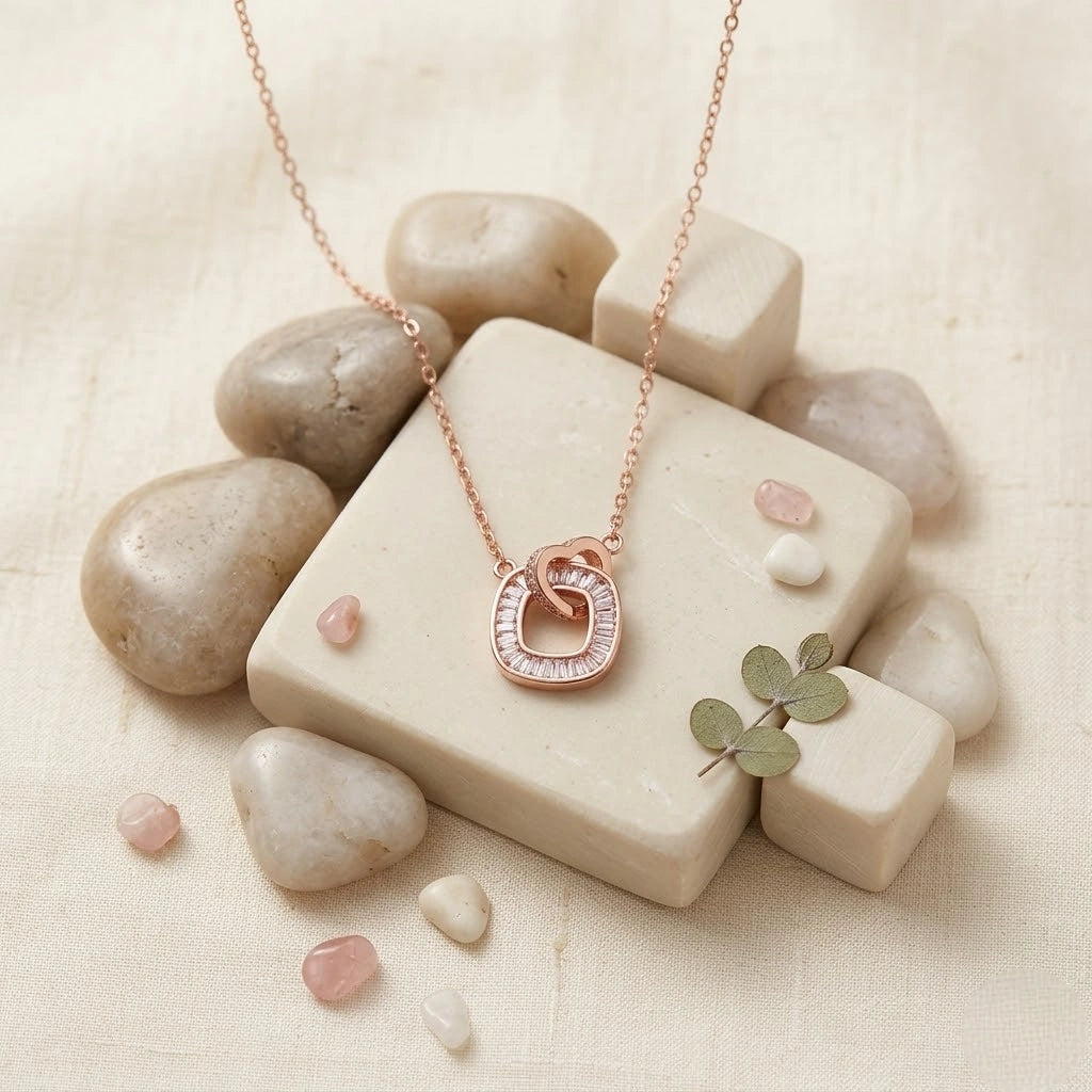 Rose Gold Interlocking Square & Heart CZ 925 Sterling Silver Pendant Chain for Women