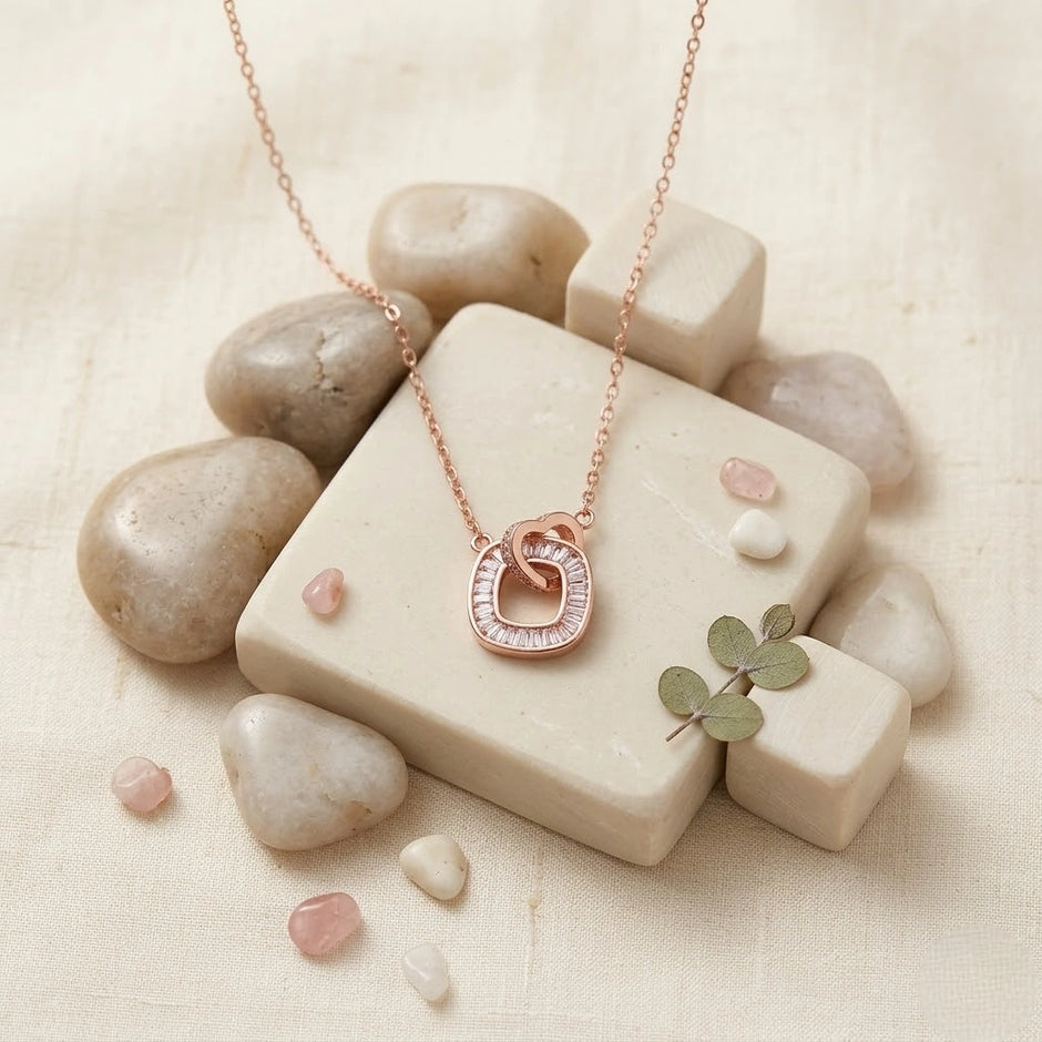 Rose Gold Interlocking Square & Heart CZ 925 Sterling Silver Pendant Chain for Women