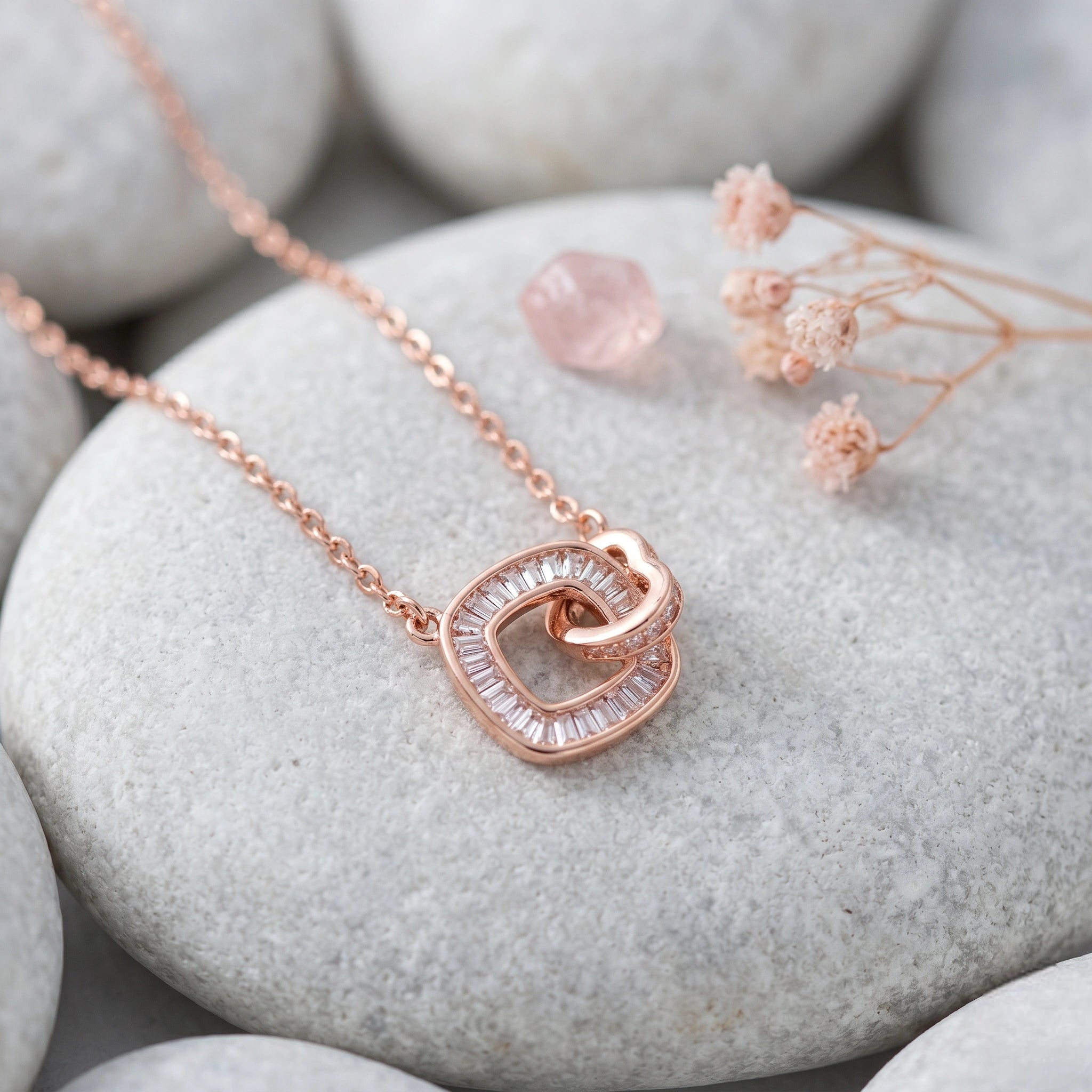 Rose Gold Interlocking Square & Heart CZ 925 Sterling Silver Pendant Chain for Women