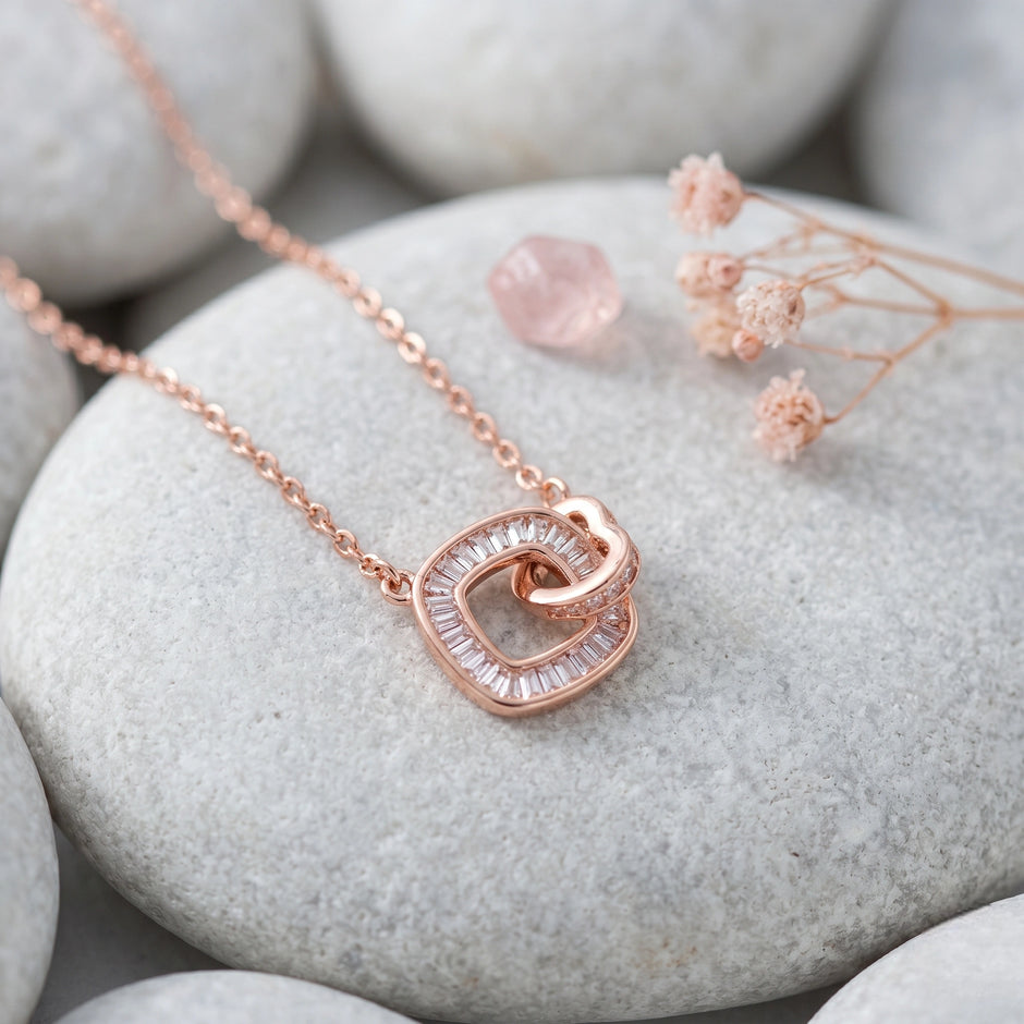 Rose Gold Interlocking Square & Heart CZ 925 Sterling Silver Pendant Chain for Women