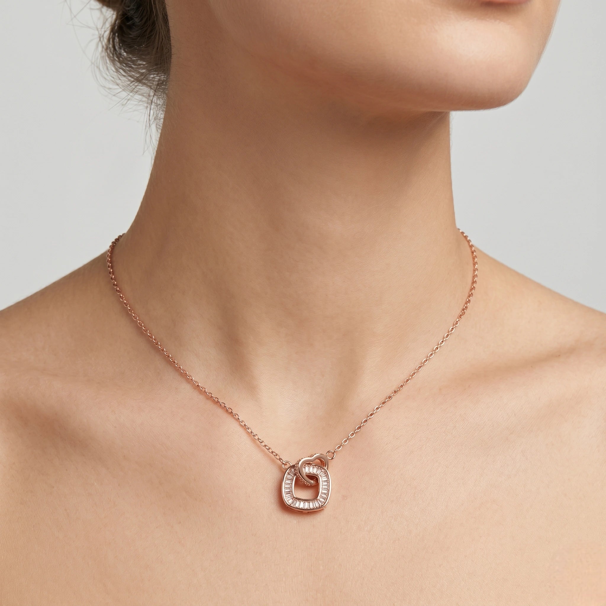 Rose Gold Interlocking Square & Heart CZ 925 Sterling Silver Pendant Chain for Women