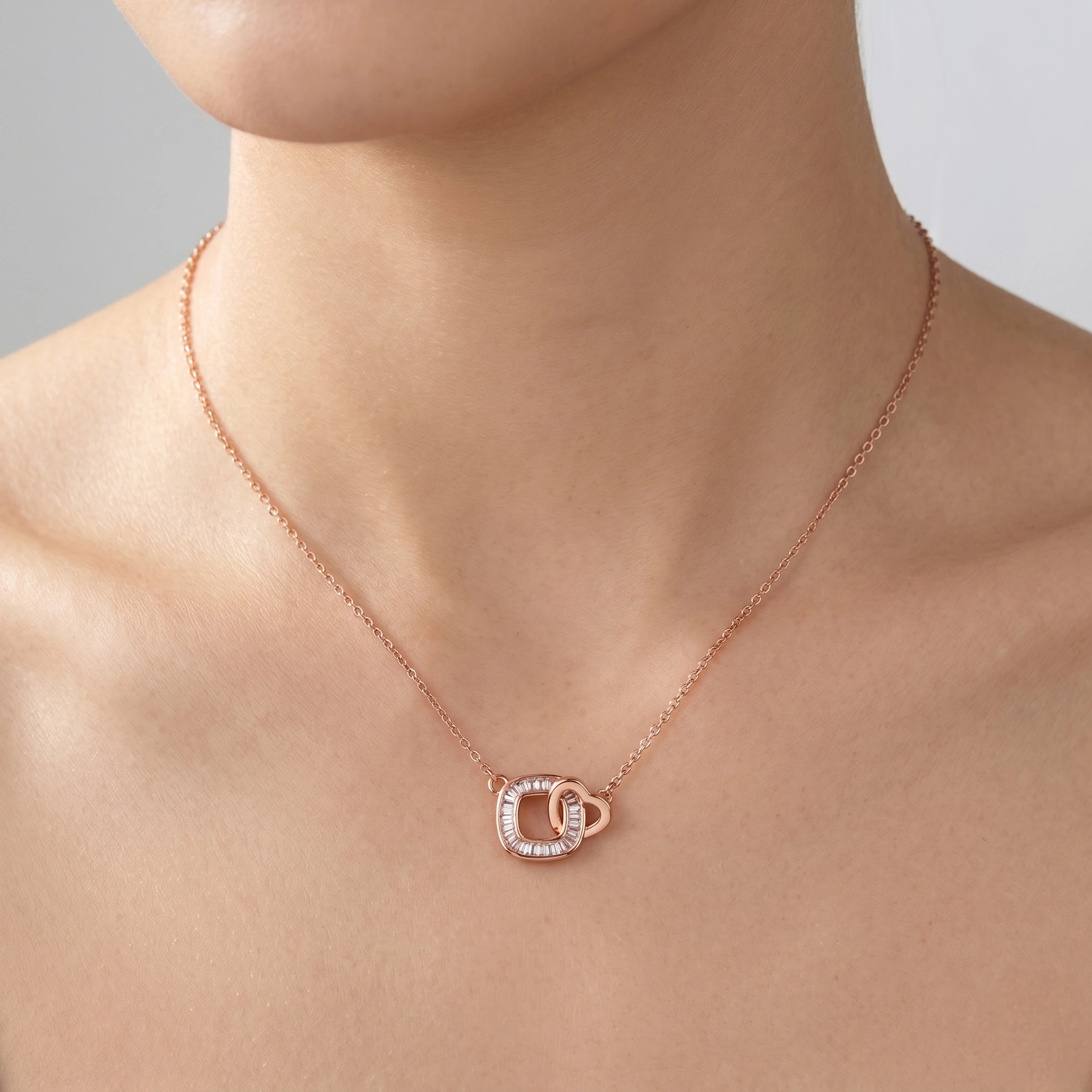 Rose Gold Interlocking Square & Heart CZ 925 Sterling Silver Pendant Chain for Women