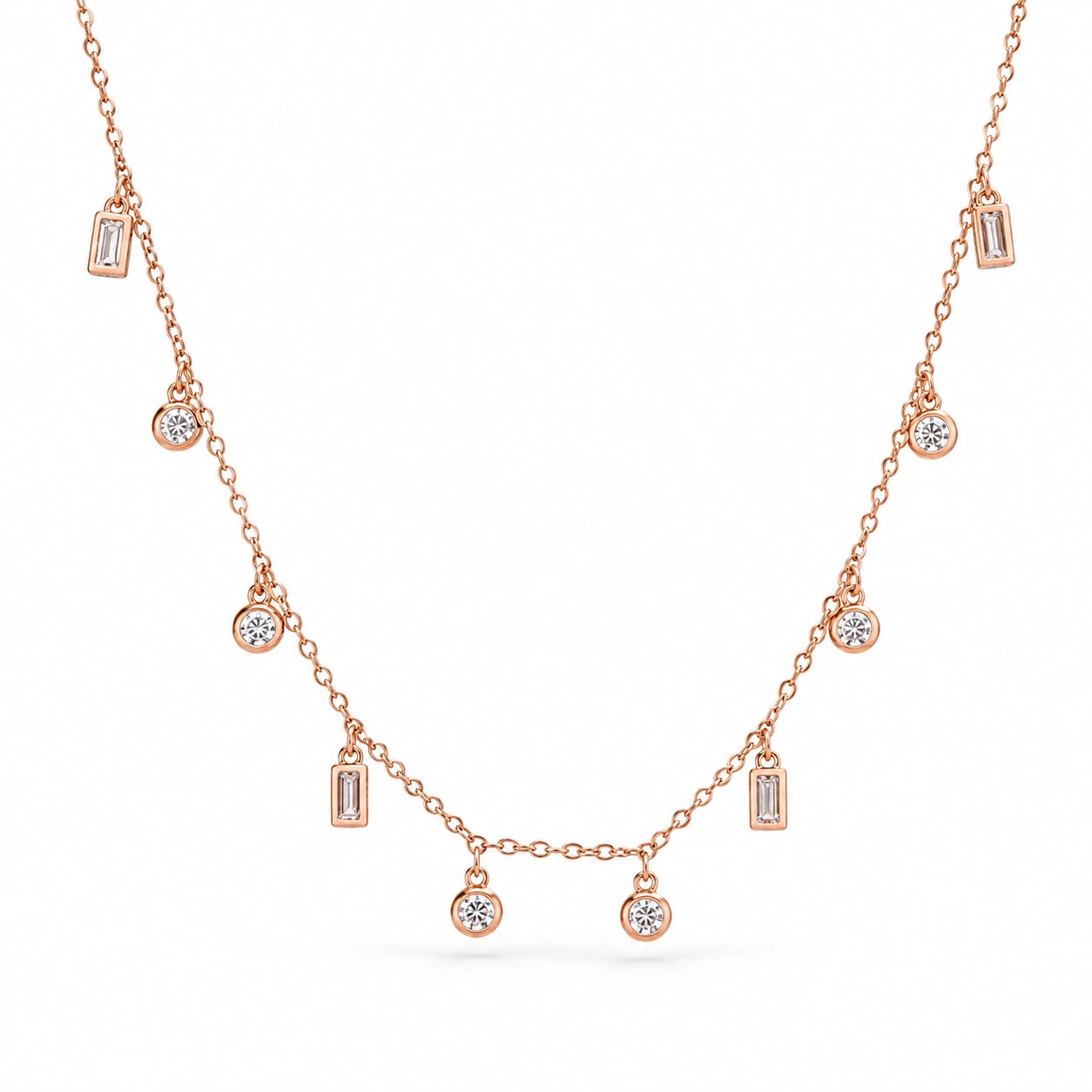 Rose Gold Mixed Round and Square Charm 925 Sterling Silver Chain Pendant for Women