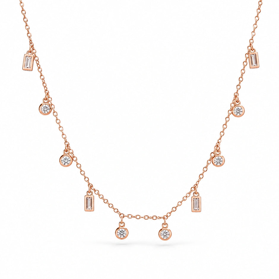 Rose Gold Mixed Round and Square Charm 925 Sterling Silver Chain Pendant for Women