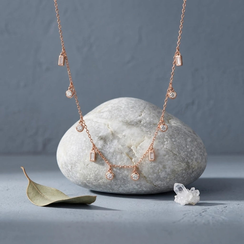 Rose Gold Mixed Round and Square Charm 925 Sterling Silver Chain Pendant for Women