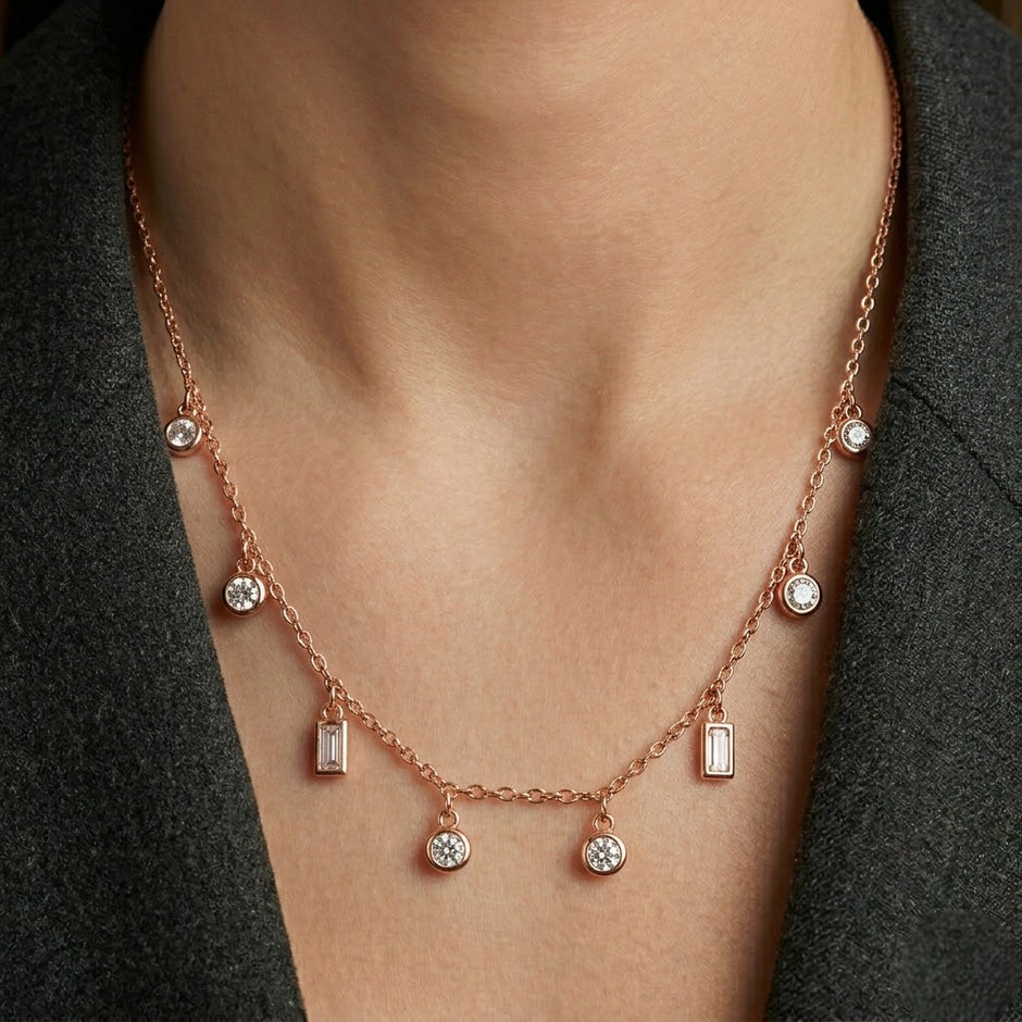 Rose Gold Mixed Round and Square Charm 925 Sterling Silver Chain Pendant for Women